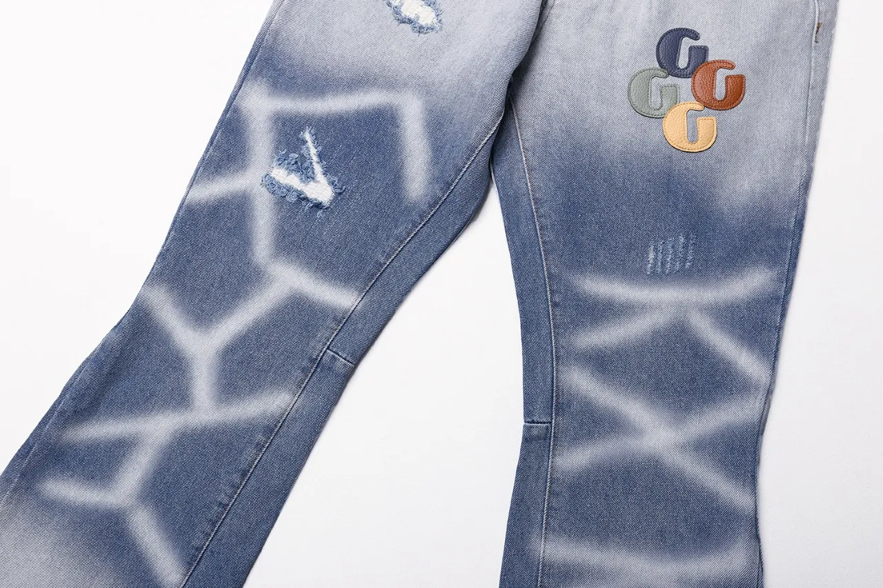 640#Gallery Dept New Style Spliced ​​Leather Label Leather Seal Water Ripple Washed Blue Destroyed Splicing Micro-Boot Jeans American High Street Flared Trousers Washed Blue S~XL p290